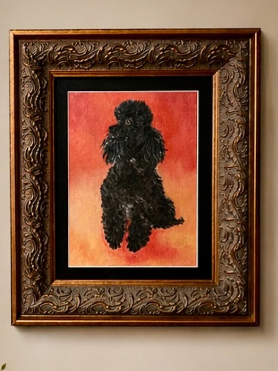 Other - Mid-Century Modern Style Black Toy Poodle Painting on Board in Ornate Frame